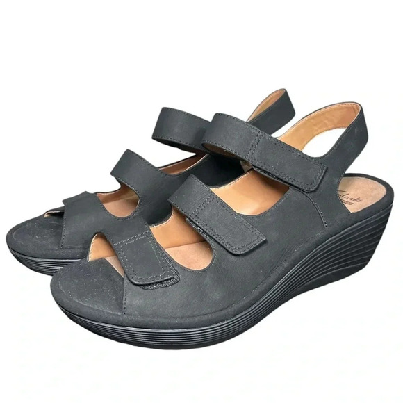 Clarks Shoes - Clarks Reedly Juno Faux Suede‎ Platform Wedge Sandals Black
